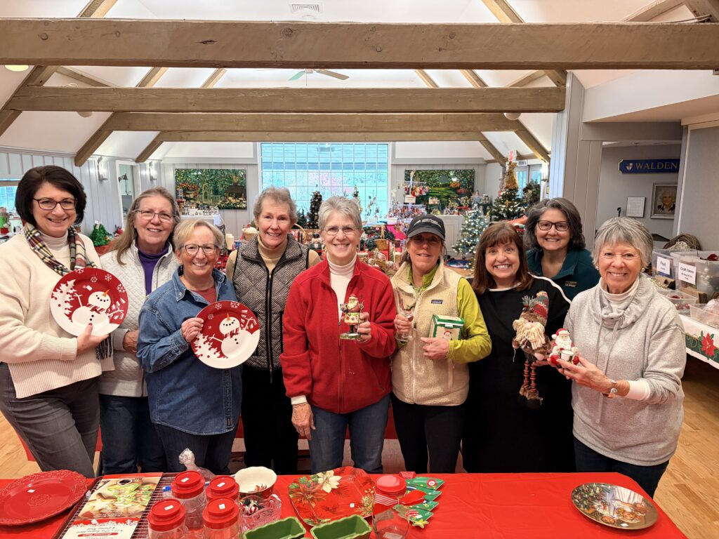 Photo of nine women in front of a table with holiday decorations