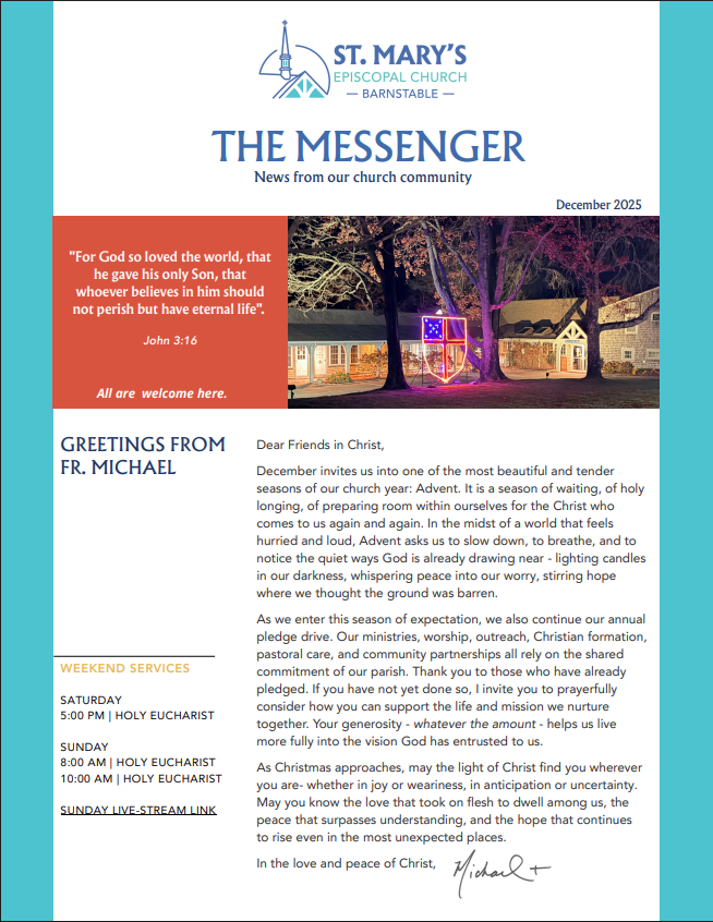 Cover of the December issue of The Messenger, a newsletter from St. Mary's Episcopal Church in Barnstable MA