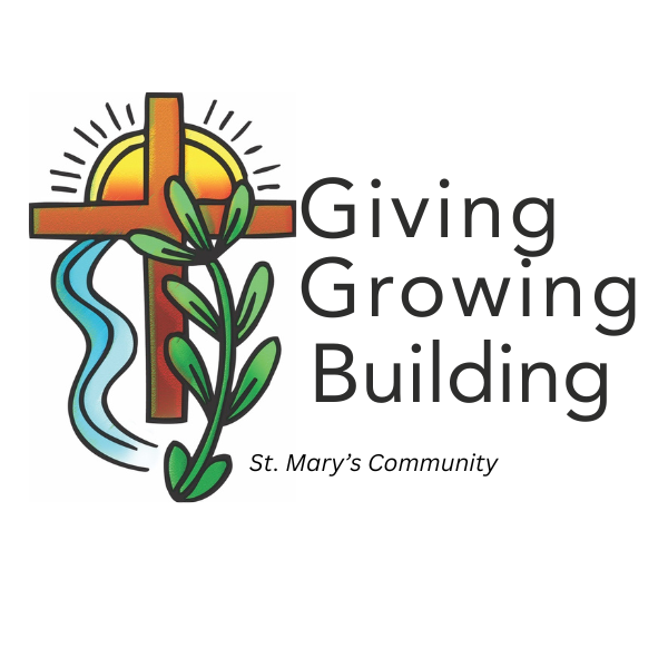 Cross graphic with words Giving Growing Building
