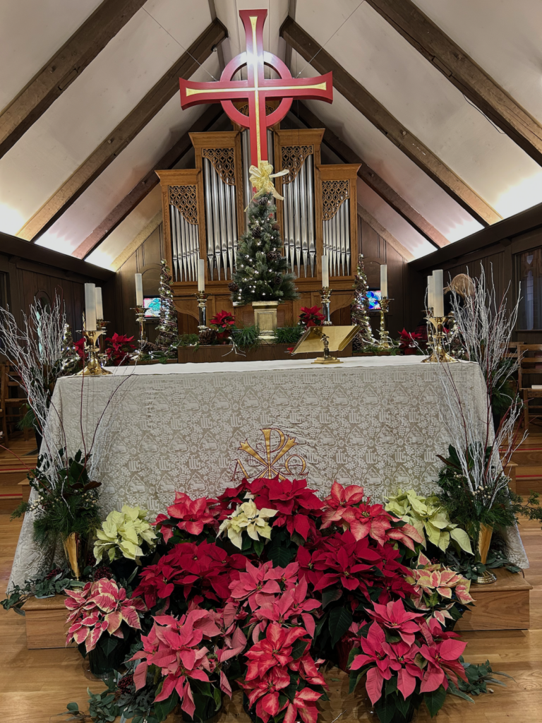 Church altar decorated with holiday poinsettias, candles and trees